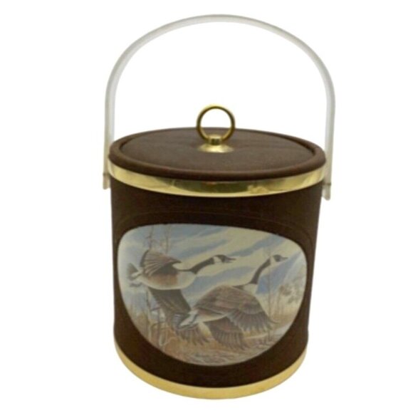 VTG Ice Bucket Geese Birds Flying‎ Norman R Wamer Bar Man Cave Suede Plastic MCM - Picture 1 of 12